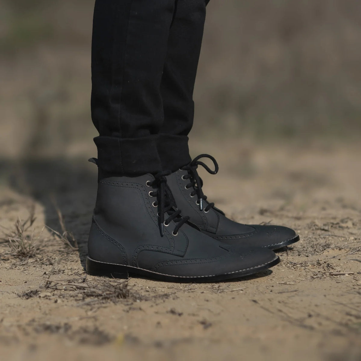 Styled Fit Perspective of Duster Brogues Derby Black Nubuck Leather Boots For Men on Model - Natural Daylight Drape