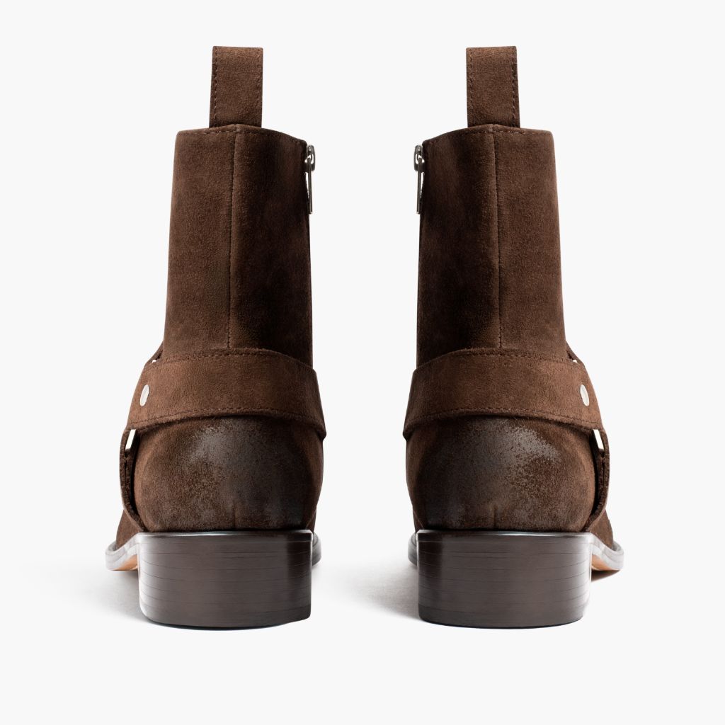High-Traction Rubber Outsole & Lug Tread Pattern on Harness Dark Brown Suede Leather Boots