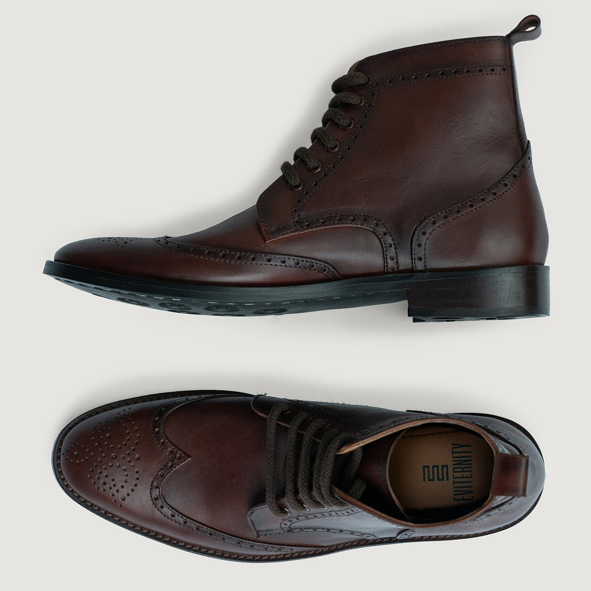Duster Brogues Derby Brown Burnished Leather Boots - StudGuard - Lateral Side Profile View Showing Sleeve Cut & Athletic Taper Fit