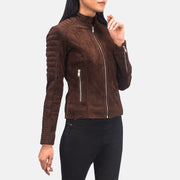 Women's Adalyn Quilted Mocha Suede Biker Jacket - Lateral Side Profile View Showing Sleeve Cut & Athletic Taper Fit