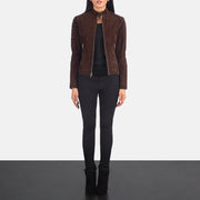 Close-Up Detail of Band & Zipper Hardware on Women's Adalyn Quilted Mocha Suede Biker Jacket