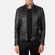 
Men's Adornica Black Leather Biker Jacket in Black Sheepskin Leather - Front Profile View & Tailored Silhouette | Buy Online