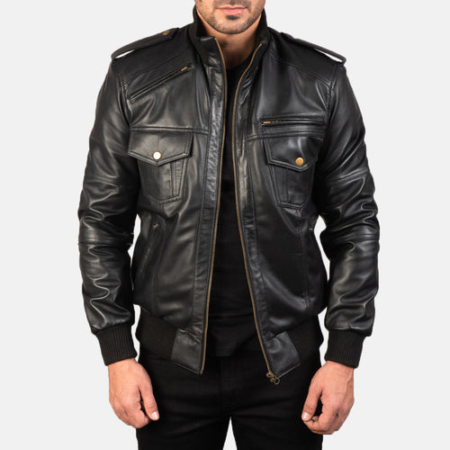 Men's Agent Shadow Black Leather Bomber Jacket in Black Sheepskin Leather - Front Profile View & Tailored Silhouette | Buy Online