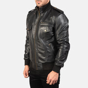 
Black Sheepskin Leather Bomber Jacket - Back View Showing Tailored Shoulder Fit & Clean Hemline