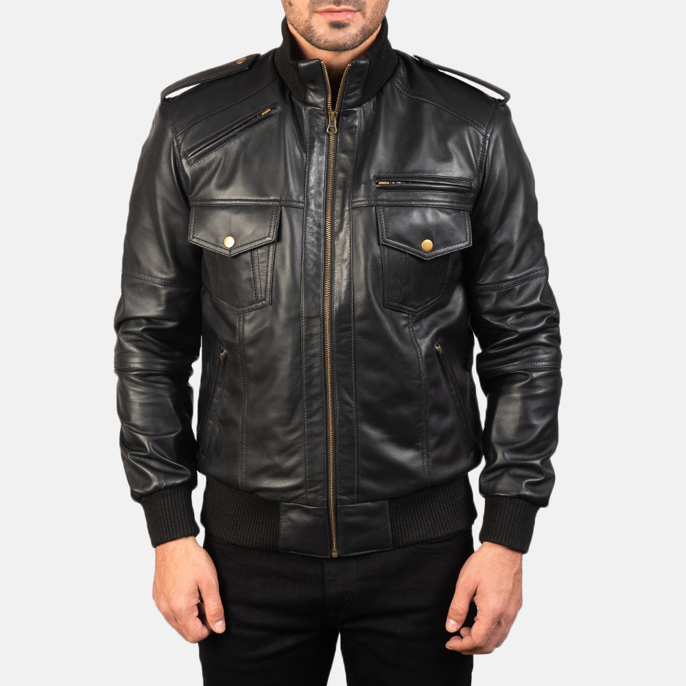 
Close-Up Detail of High neck & Zipper Hardware on Men's Agent Shadow Black Leather Bomber Jacket