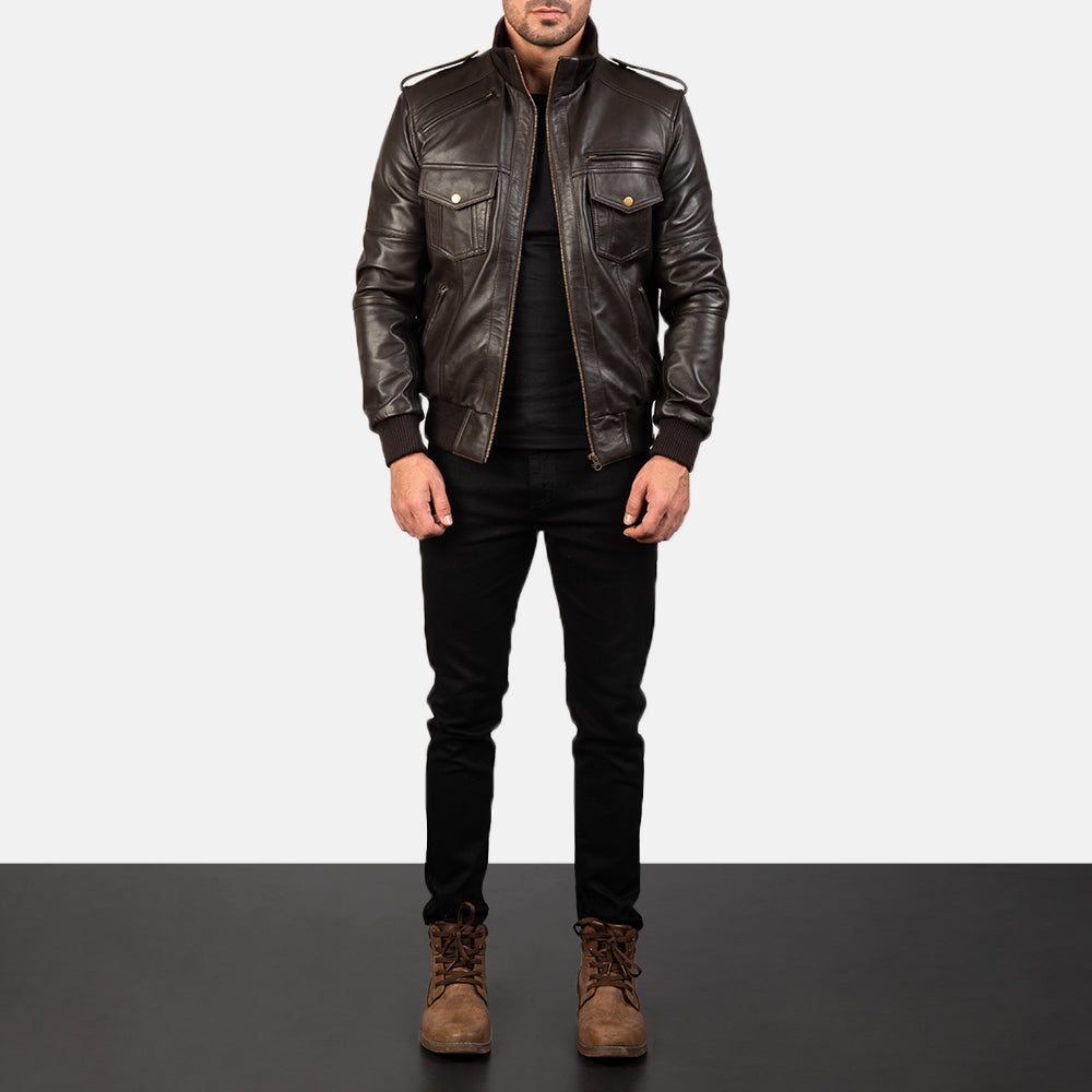 Men's Agent Shadow Brown Leather Bomber Jacket - Lateral Side Profile View Showing Sleeve Cut & Athletic Taper Fit