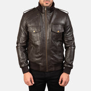 Close-Up Detail of High neck &amp; Zipper Hardware on Men's Agent Shadow Brown Leather Bomber Jacket