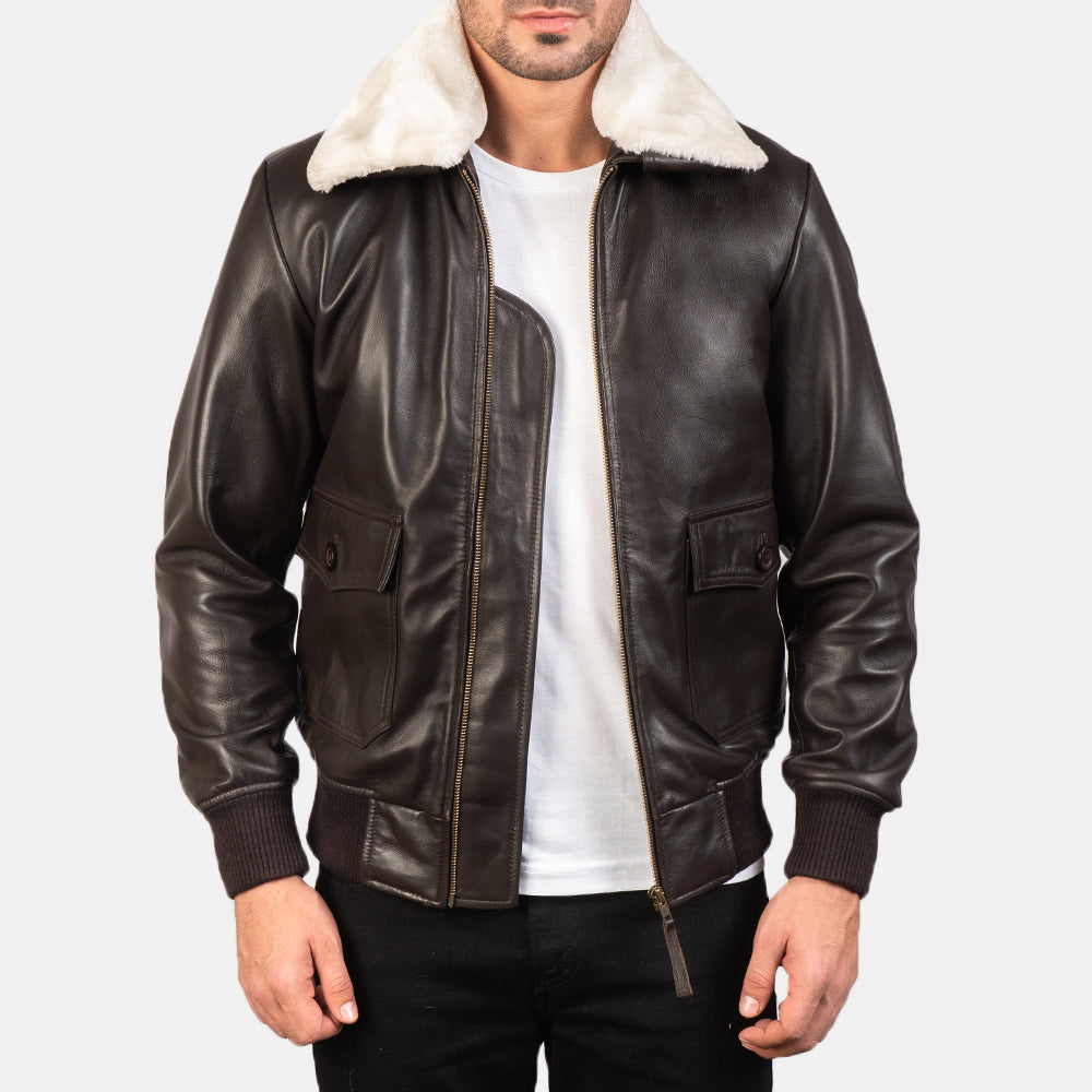Men's Airin G-1 Brown Leather Bomber Jacket in Brown Sheepskin Leather - Front Profile View &amp; Tailored Silhouette | Buy Online