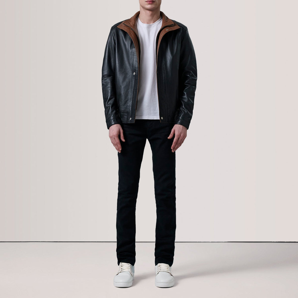 
Brown Sheepskin Leather Bomber Jacket - Back View Showing Tailored Shoulder Fit & Clean Hemline