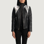 Women's Alia Metallic Black Leather Biker Jacket in Black Sheepskin Leather - Front Profile View &amp; Tailored Silhouette | Buy Online