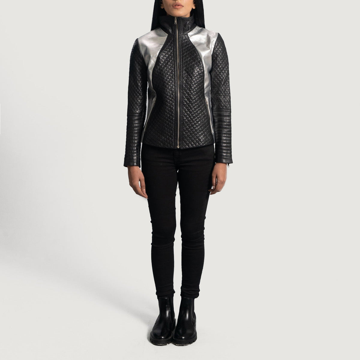 Close-Up Detail of High Neck &amp; Zipper Hardware on Women's Alia Metallic Black Leather Biker Jacket