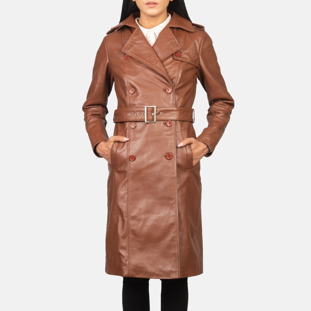 Women's Alice Brown Double Breasted Leather Coat - Lateral Side Profile View Showing Sleeve Cut &amp; Athletic Taper Fit