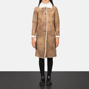 Women's Alina Shearling Brown Leather Coat - Lateral Side Profile View Showing Sleeve Cut &amp; Athletic Taper Fit