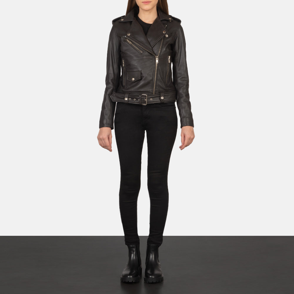 Women's Alison Brown Leather Biker Jacket - Lateral Side Profile View Showing Sleeve Cut &amp; Athletic Taper Fit