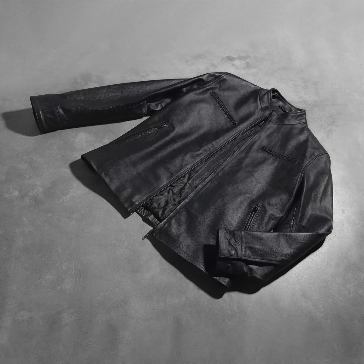 Button &amp; Hem Craftsmanship Construction Detail on Austere Matte Black Leather Biker Jacket
