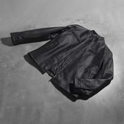 Button &amp; Hem Craftsmanship Construction Detail on Austere Matte Black Leather Biker Jacket