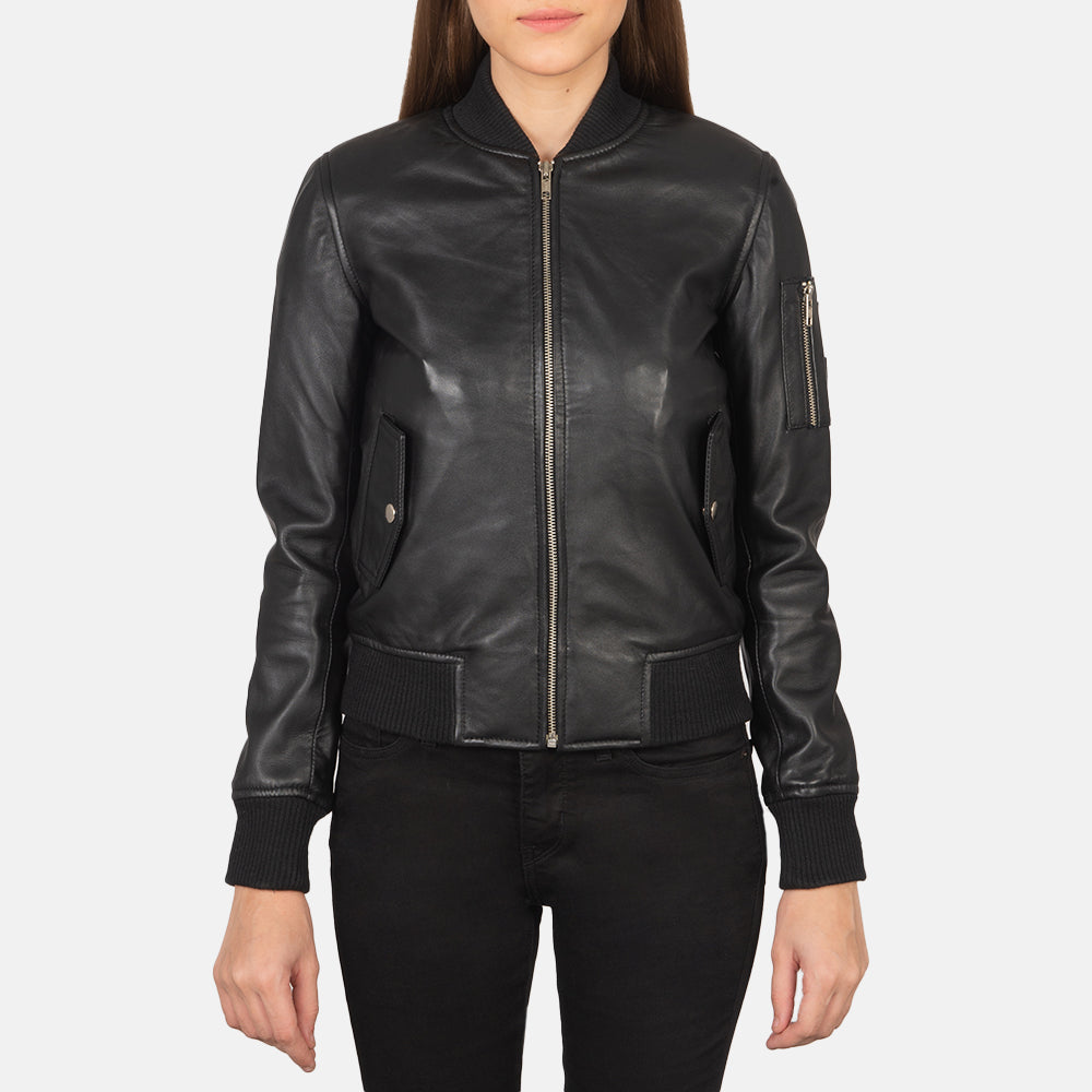 
Close-Up Detail of Rib Knit & Zipper Hardware on Women's Ava Ma-1 Black Leather Bomber Jacket