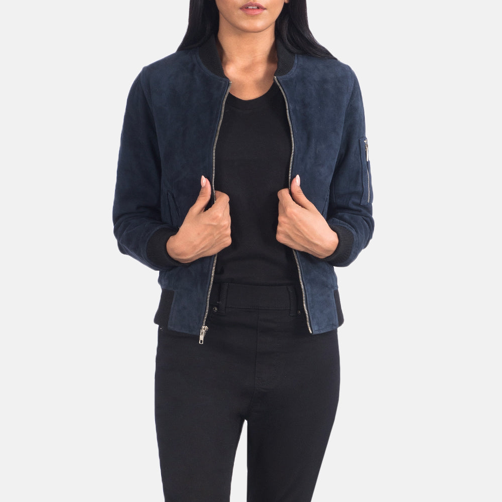 Women's Ava Ma-1 Blue Suede Bomber Jacket in Blue Sheepskin Suede - Front Profile View &amp; Tailored Silhouette | Buy Online
