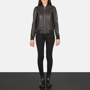 Women's Ava Ma-1 Brown Leather Bomber Jacket - Lateral Side Profile View Showing Sleeve Cut &amp; Athletic Taper Fit
