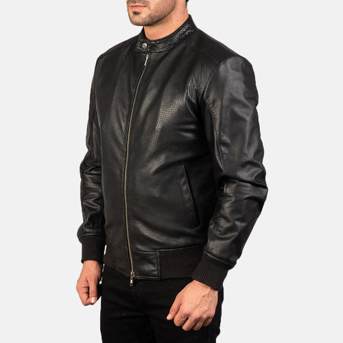 Black Cowhide (Torso) &Amp; Goatskin (Sleeves) Leather Bomber Jacket - Back View Showing Tailored Shoulder Fit & Clean Hemline