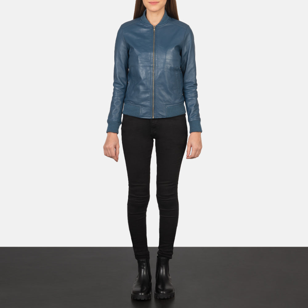 Women's Bliss Blue Leather Bomber Jacket - Lateral Side Profile View Showing Sleeve Cut &amp; Athletic Taper Fit