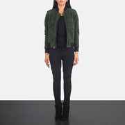 Women's Bliss Green Suede Bomber Jacket - Lateral Side Profile View Showing Sleeve Cut &amp; Athletic Taper Fit