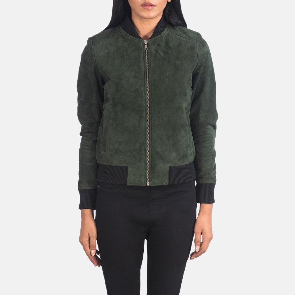 Close-Up Detail of Varsity - Rib Knit &amp; Zipper with Wind Flap Hardware on Women's Bliss Green Suede Bomber Jacket