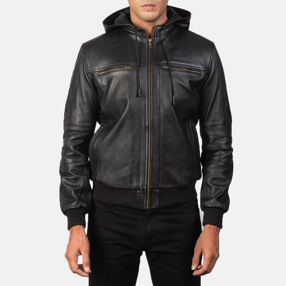 
Men's Bouncer Biz Black Leather Hooded Bomber Jacket - Lateral Side Profile View Showing Sleeve Cut & Athletic Taper Fit