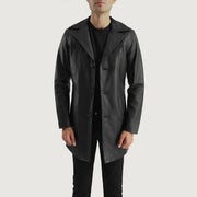 Brawnton Black Leather Coat in Black Cowhide Leather - Front Profile View &amp; Tailored Silhouette | Buy Online