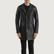 Close-Up Detail of Notch &amp; Button Hardware on Brawnton Black Leather Coat