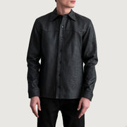 Bronco Tumbled Black Leather Shirt - Lateral Side Profile View Showing Sleeve Cut &amp; Athletic Taper Fit