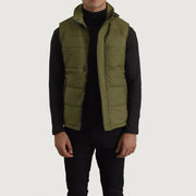 Bryan Green Puffer Vest in Green Full-Grain Leather - Front Profile View &amp; Tailored Silhouette | Buy Online