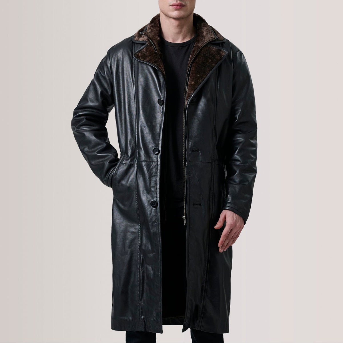 Cai Black Leather Shearling Coat For Men in Black Sheepskin Leather - Front Profile View &amp; Tailored Silhouette | Buy Online