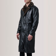 Cai Black Leather Shearling Coat For Men - Lateral Side Profile View Showing Sleeve Cut &amp; Athletic Taper Fit