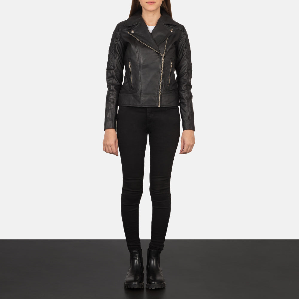 
Women's Carolyn Quilted Black Biker Jacket - Lateral Side Profile View Showing Sleeve Cut & Athletic Taper Fit