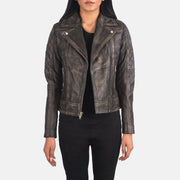 
Women's Carolyn Quilted Distressed Brown Biker Jacket in Distressed Brown Goatskin Leather - Front Profile View & Tailored Silhouette | Buy Online
