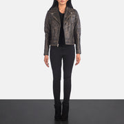 
Women's Carolyn Quilted Distressed Brown Biker Jacket - Lateral Side Profile View Showing Sleeve Cut & Athletic Taper Fit