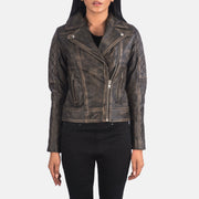 
Close-Up Detail of Notch & Zipper Hardware on Women's Carolyn Quilted Distressed Brown Biker Jacket
