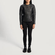 Close-Up Detail of Classic Collar &amp; Snap Button Hardware on Women's Celeste Studded Black Leather Jacket