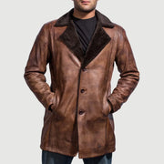 Men's Cinnamon Distressed Leather Fur Coat - Lateral Side Profile View Showing Sleeve Cut & Athletic Taper Fit