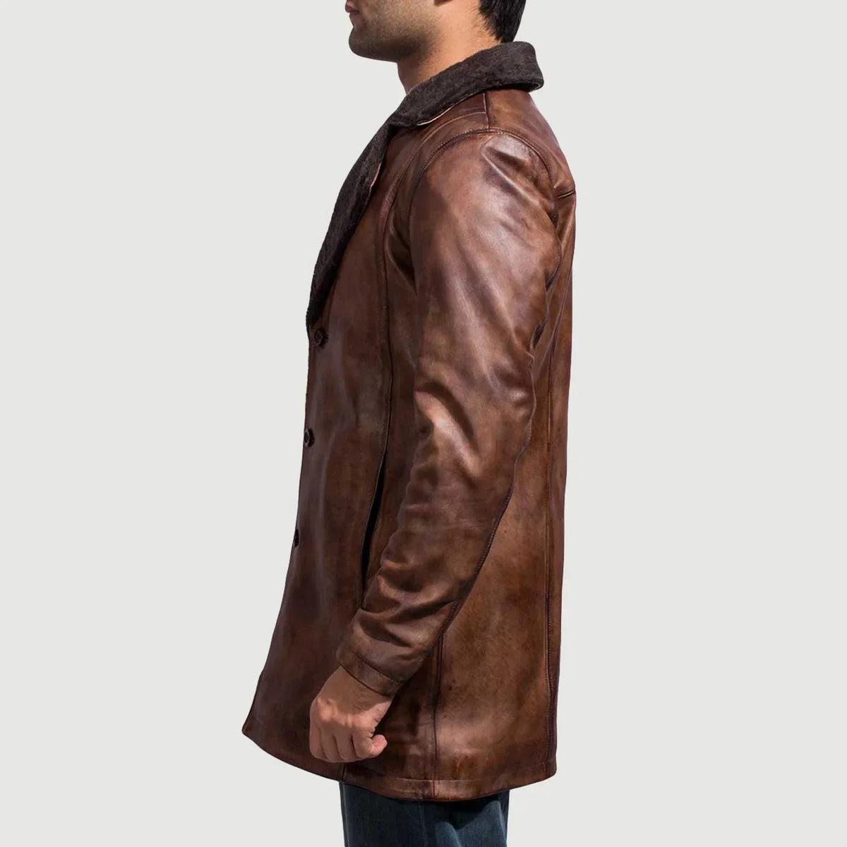 Close-Up Detail of Notch & Button Hardware on Men's Cinnamon Distressed Leather Fur Coat