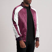 Maroon &amp; White Satin Aviator Jacket - Back View Showing Tailored Shoulder Fit &amp; Clean Hemline