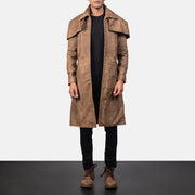 Men's Classic Brown Leather Duster in Distressed Brown Sheepskin Snuffed - Front Profile View &amp; Tailored Silhouette | Buy Online