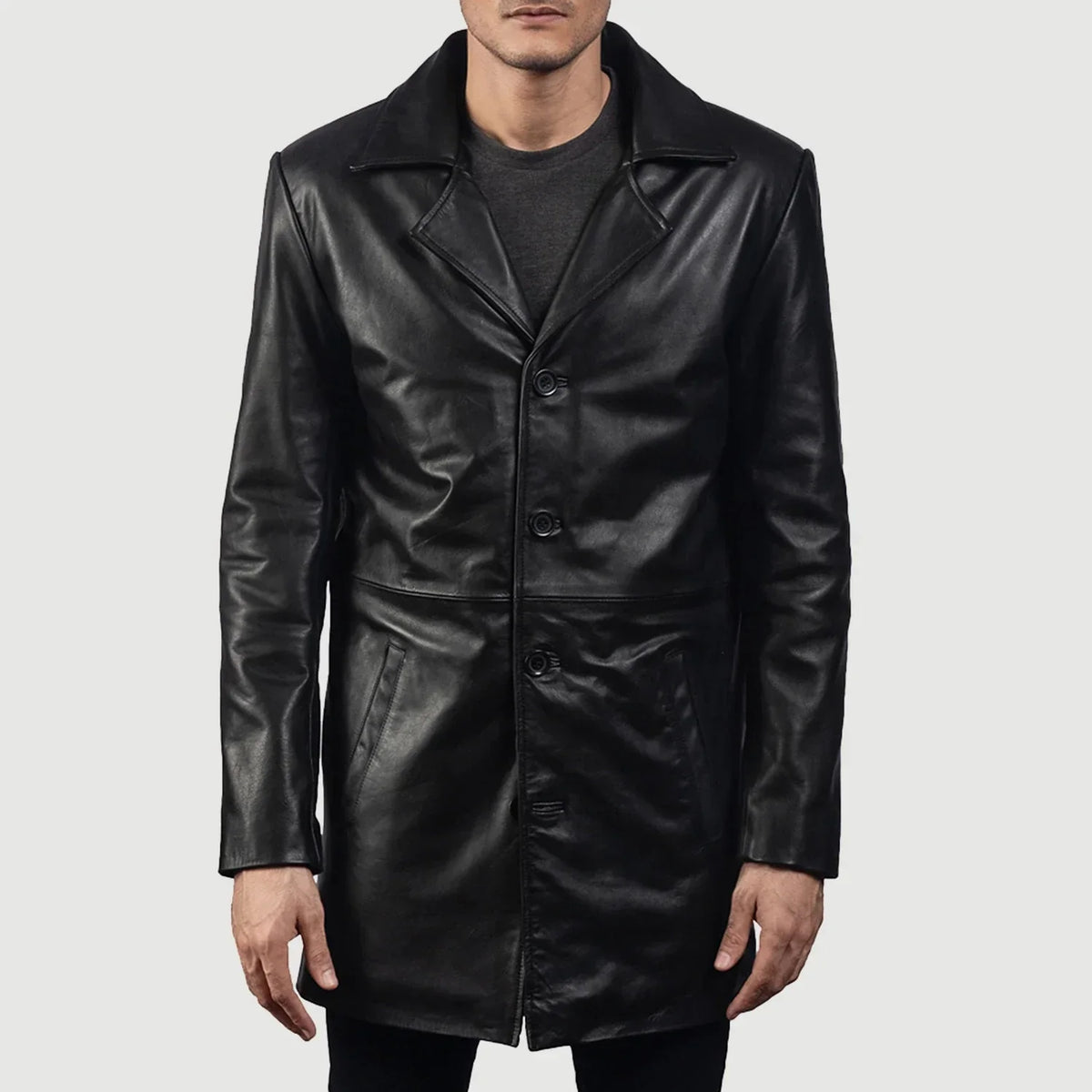 
Men's Classmith Black Leather Coat - Lateral Side Profile View Showing Sleeve Cut & Athletic Taper Fit