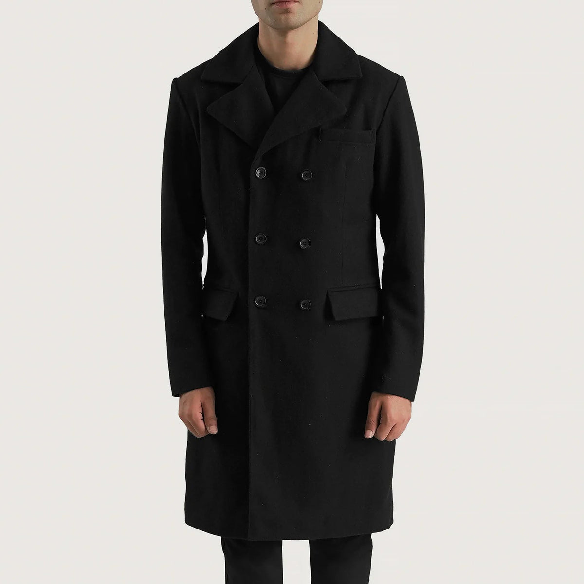 Men's Claud Black Wool Double Breasted Coat in Black Synthetic Wool - Front Profile View &amp; Tailored Silhouette | Buy Online