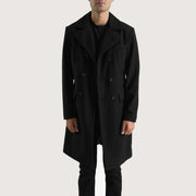 Close-Up Detail of Notch &amp; Button Hardware on Men's Claud Black Wool Double Breasted Coat