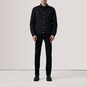 
Black Waxed Cotton Canvas Leather Jacket - Back View Showing Tailored Shoulder Fit & Clean Hemline