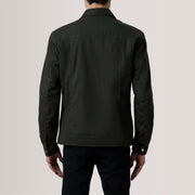 Close-Up Detail of Classic Collar &amp; Snap Button Hardware on Colberto Olive Waxed Canvas Trucker Jacket For Men