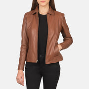 Women Colette Brown Leather Jacket in Brown Sheepskin Leather - Front Profile View &amp; Tailored Silhouette | Buy Online