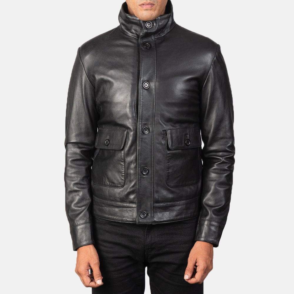 Norman Black Hooded Bomber Leather Puffer Jacket - Lateral Side Profile View Showing Sleeve Cut &amp; Athletic Taper Fit